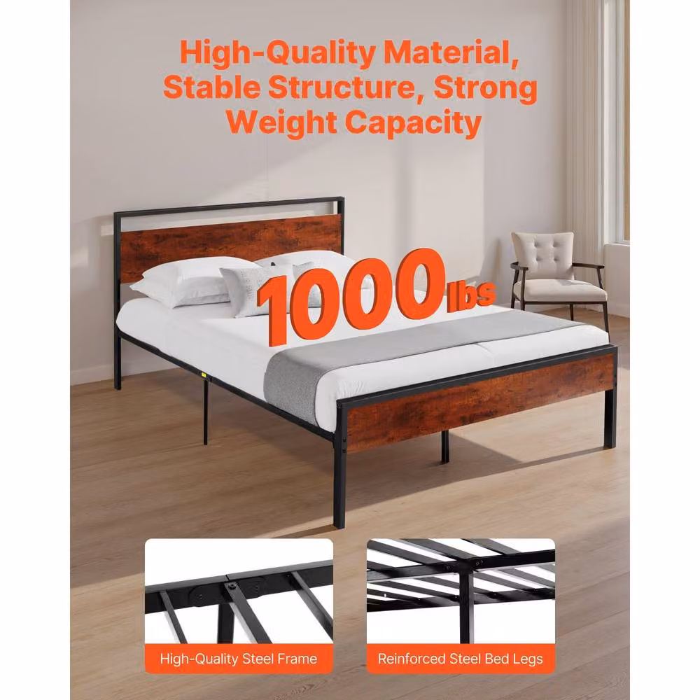 VEVOR Sturdy Bed Frame with Retro Wooden Headboard and Storage Drawers in Black and Brown, 140 x 200 cm – 3