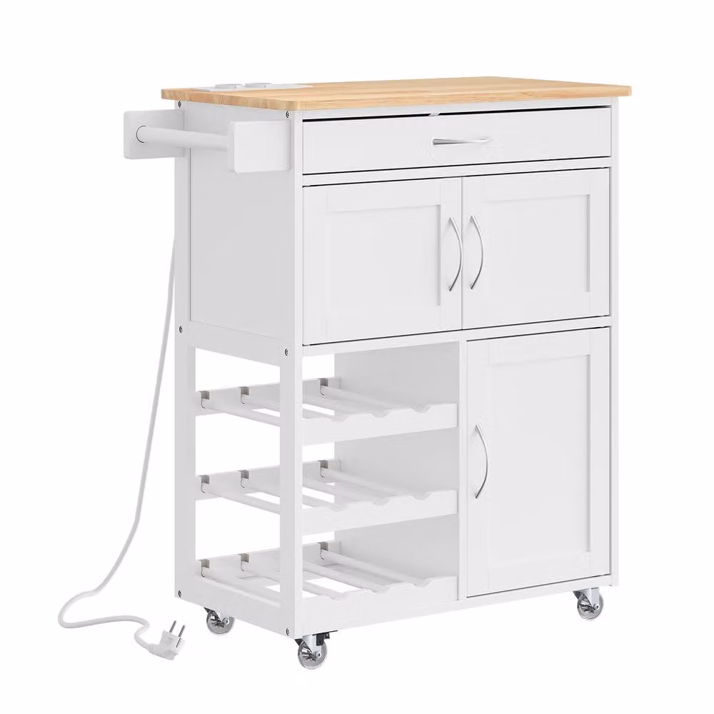 SoBuy Kitchen Trolley in White with Wood Top, USB Power, and Bottle Rack – 2