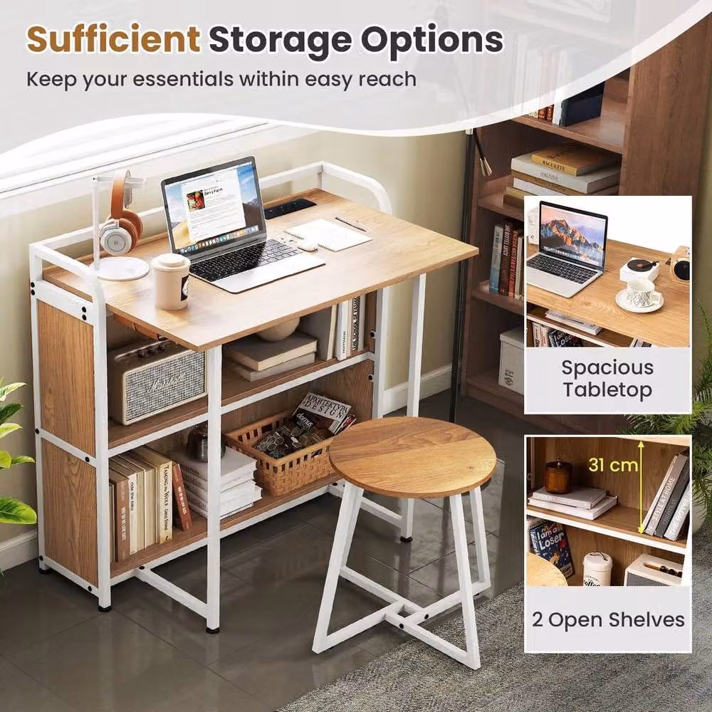 FORGEVIO Modern Space Saving Writing Table with Stool and Shelf in Brown – 3