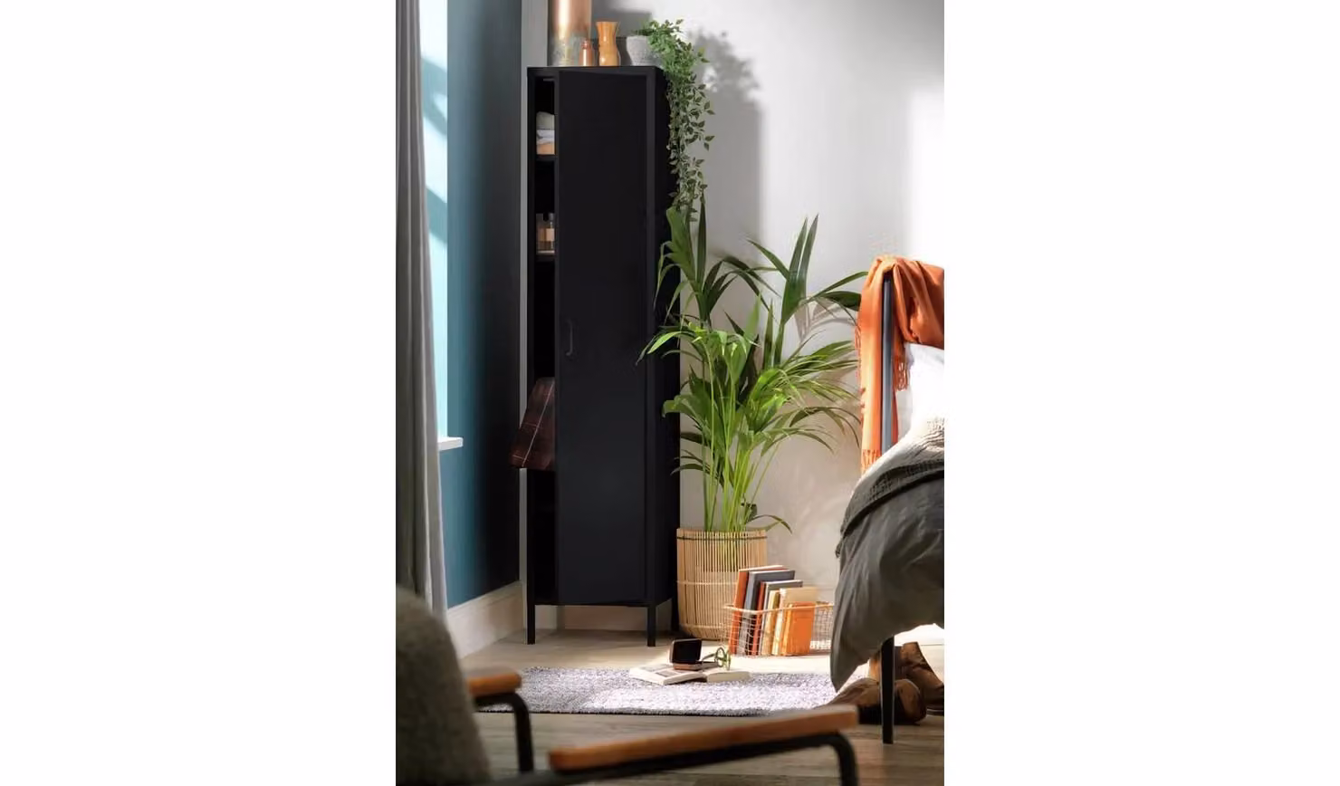 Cheap Furniture Warehouse Black Metal Wall Mounted Industrial Storage Cabinet with Hinged Doors and Internal Shelves W/D/H: 38.0 x 18.0 x 45.0 cm