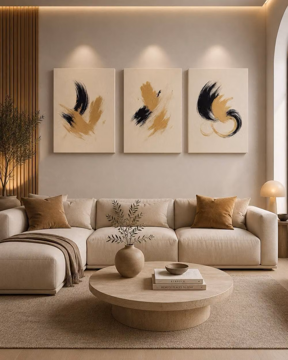 Mafett Set of 3 Modern Abstract Canvas Wall Art Prints in Black and Gold, W61 x H81.3 cm – 2