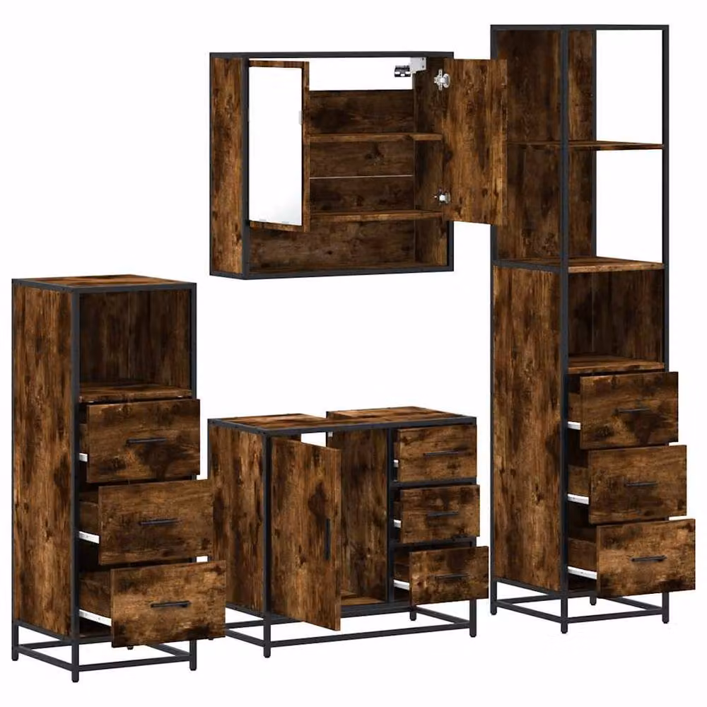 Berkfield Home 4-Piece Industrial Bathroom Furniture Set in Smoked Oak and Brown – 5