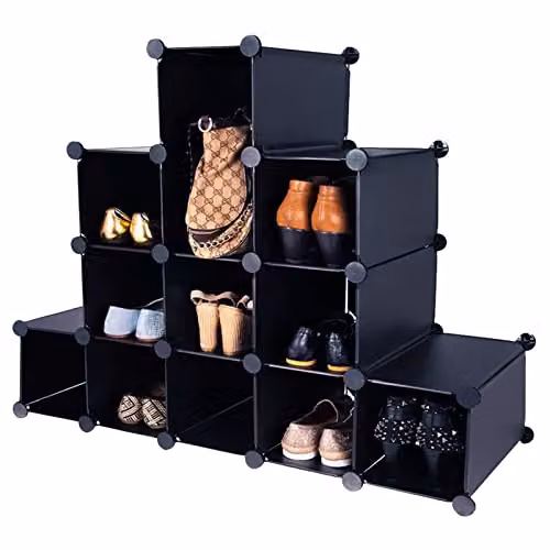 AMOS 16 Pair Interlocking Cube Shoe Storage Rack Organiser with Back Panels in Black – 6