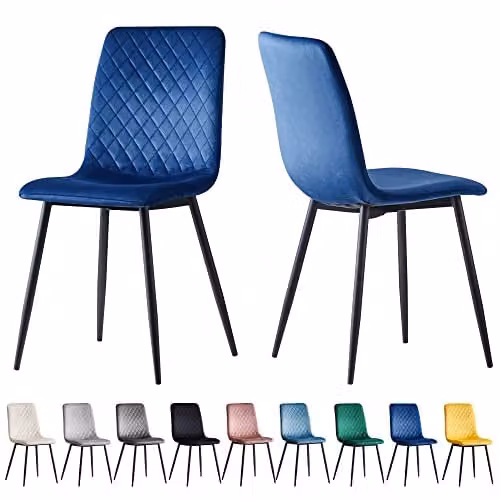 MCC Direct Set of 2 Lexi Velvet Fabric Upholstered Dining Chairs with Metal Legs in Blue