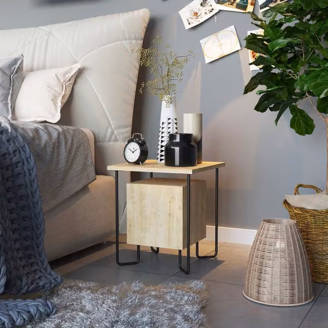 FWStyle Modern 1 Door Bedside Table Nightstand Cabinet with Black Metal Frame and Light Oak Finish