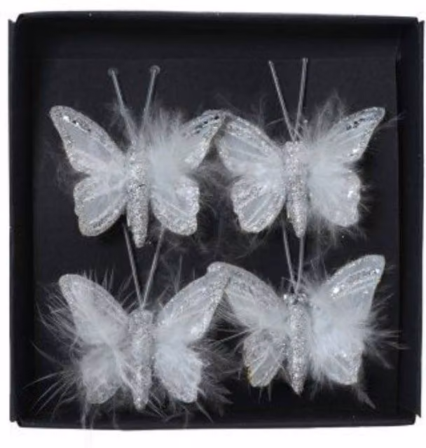 Garden Greatness 4 Pack White Sparkle Butterfly Tree Clips