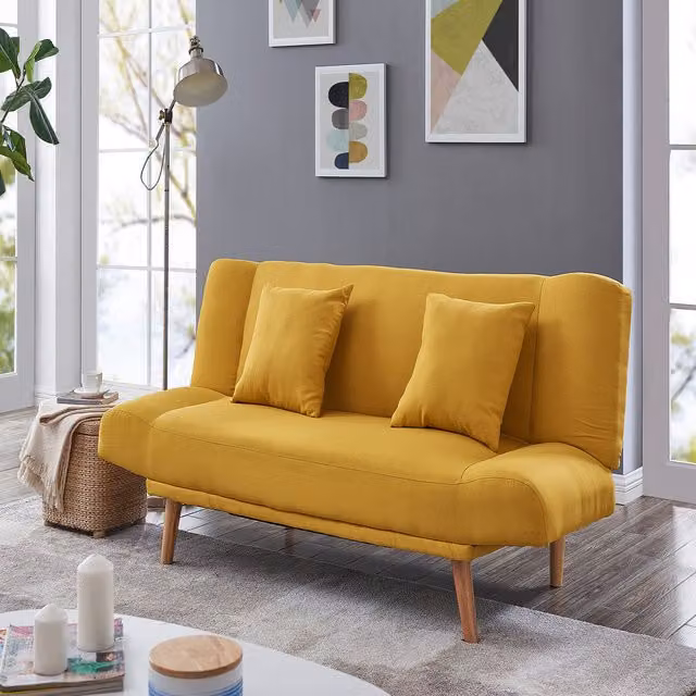 Hugh 3 Seater Click Clack Sofa Bed in Mustard Fabric with Matching Scatter Cushions and Wooden Legs, W/D/H: 180 x 79.5 x 78.5 cm