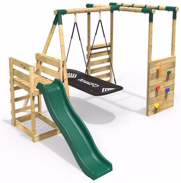 Rebo Wooden Single Swing Set with Boat Swing and Slide in Green and Brown