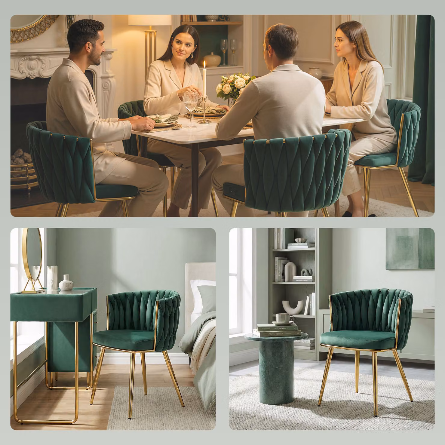 HOMCOM Set of 2 Modern Velvet Dining Chairs with Armrests and Metal Legs, Dark Green and Gold – 5