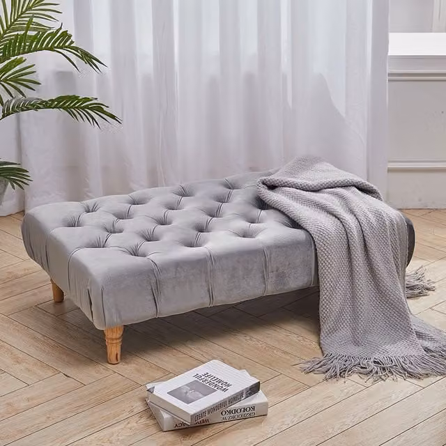 Livingandhome Grey Velvet Chesterfield Upholstered Buttoned Fabric Pouffe Footstool, Width: 100 cm