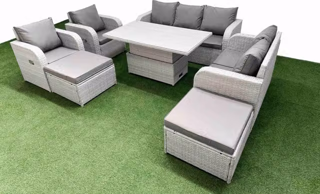 Fimous Grey PE Rattan Garden Furniture Set with U-Shaped 3 Seater Sofa, Reclining Chairs, and Coffee Table