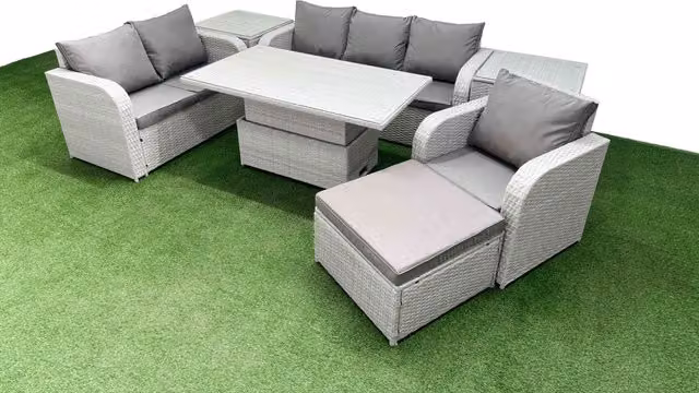 Fimous Patio 7 Seater Grey Rattan Outdoor Furniture Set with Adjustable Coffee Table, 2 Seater Sofa and Reclining Chairs