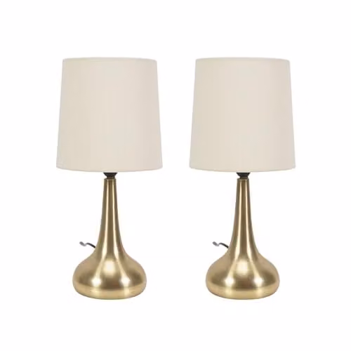 ValueLights Brushed Gold Teardrop Touch Dimmer Table Lamp with Beige Fabric Shade and LED Bulb