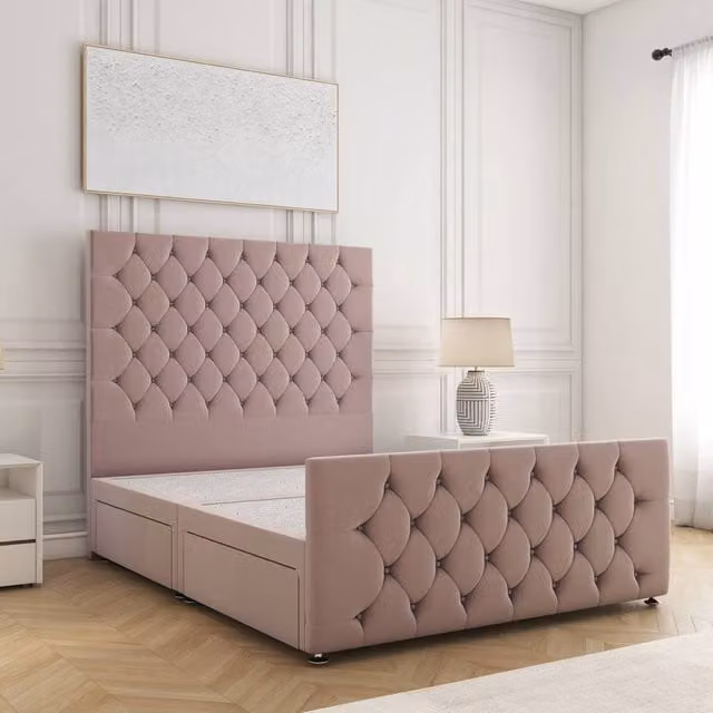 BSSPOKE Maya Super King Plush Velvet Divan Bed with 54 inch Headboard and 2 Drawers in Pink, W/D/H: 200 x 137.16 x 160 cm