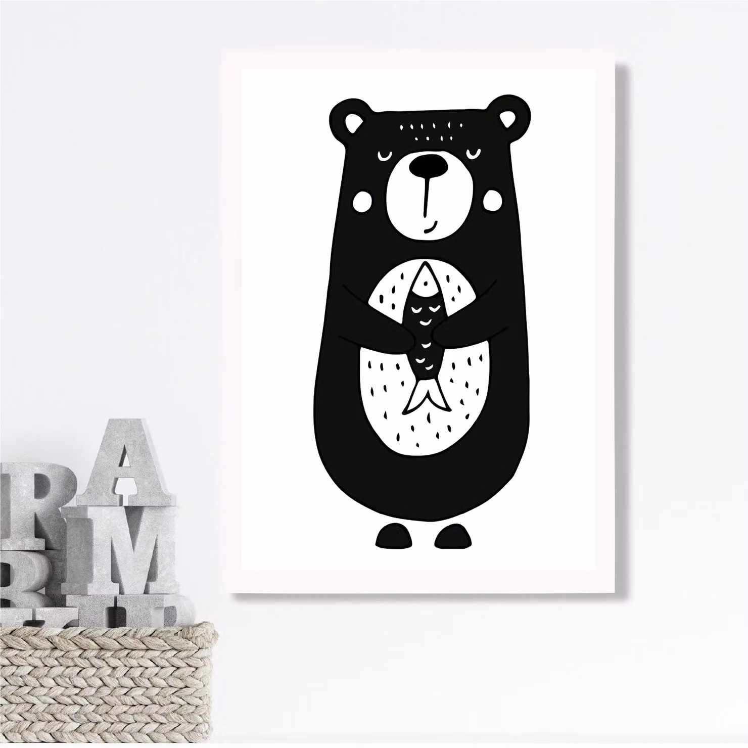 ARTZE Cute Black Bear Scandi Animal Framed Print in White, A2 – 2