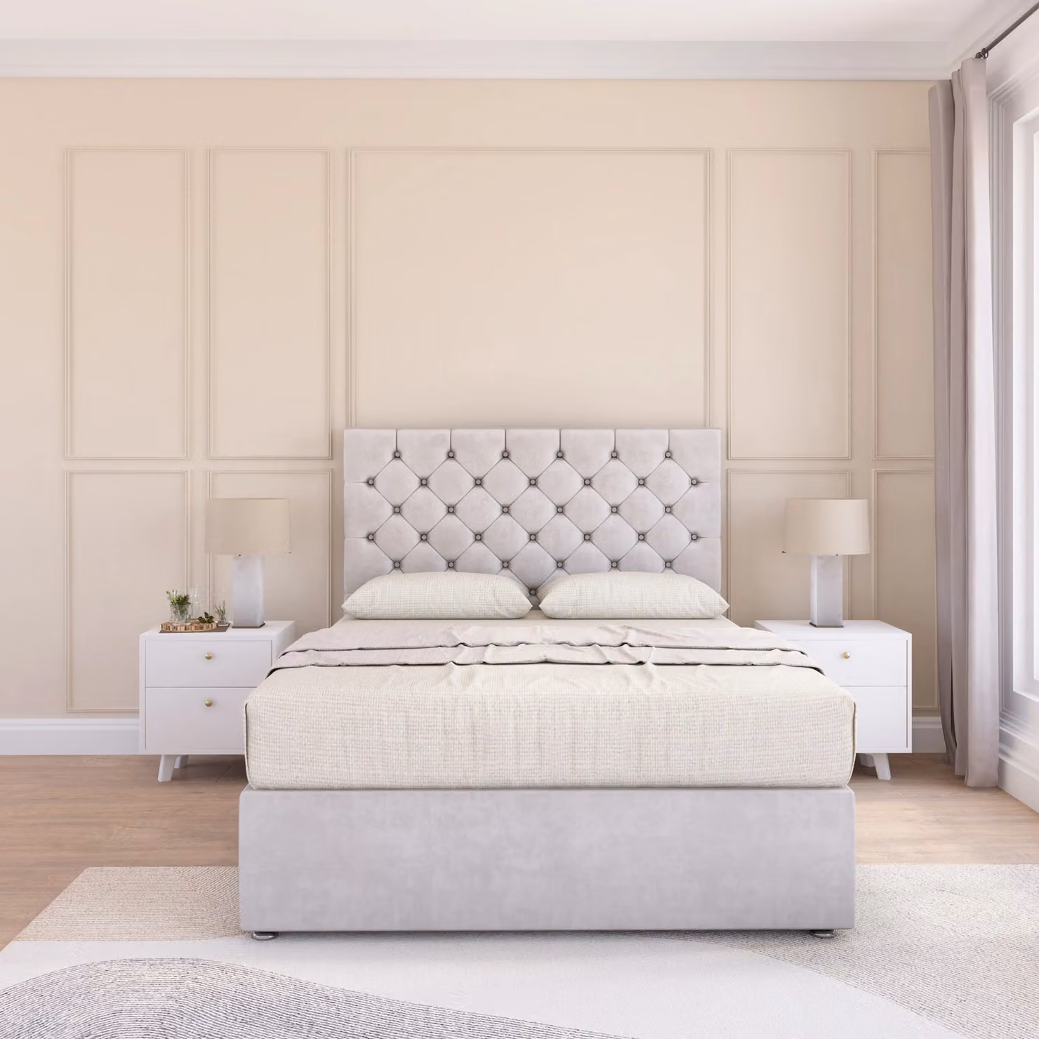 Sloomy Mayfair Single Divan Bed Base and Floor Standing Chesterfield Headboard in Silver Velvet, W/D/H: 90 x 200 cm
