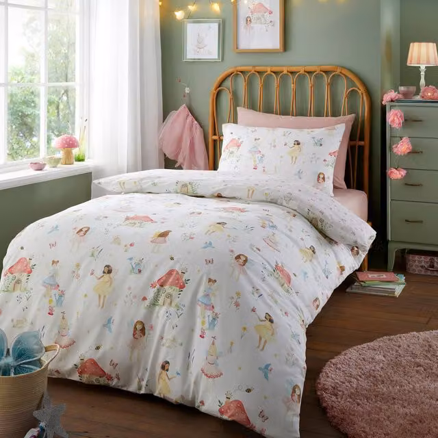 Bedlam Summer Fairies Childrens Reversible Polycotton Duvet Cover Set in Pink, White and Gold, W: 140 cm, H: 200 cm – 1