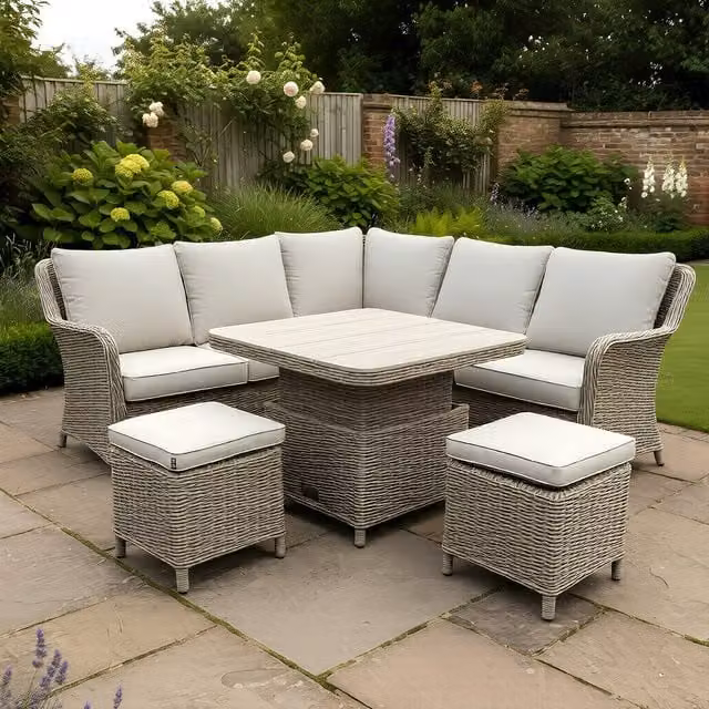 Bracken Outdoors Ashford Corner Sofa Set with Square Height Adjustable Table in Beige and Brown Rattan