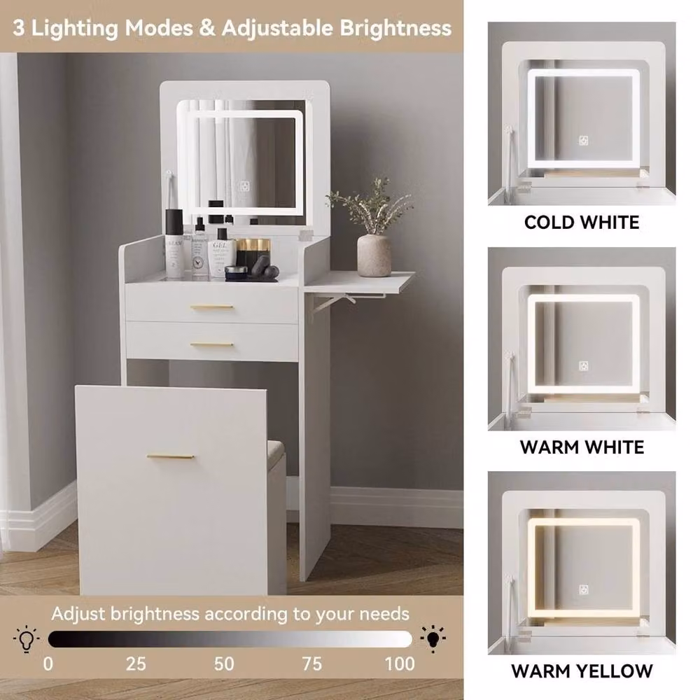 FORGEVIO Modern White Dressing Table Set with Hollywood LED Mirror – 3