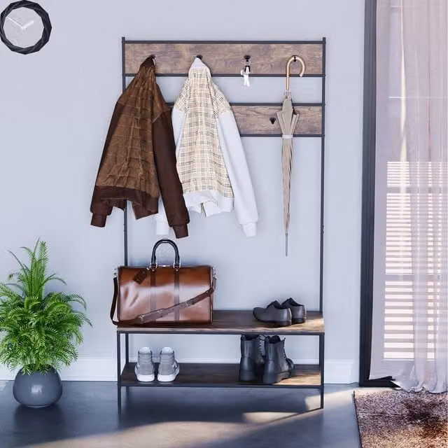 Vida Designs Industrial Hall Tree with Bench in Brown and Black Wood and Metal