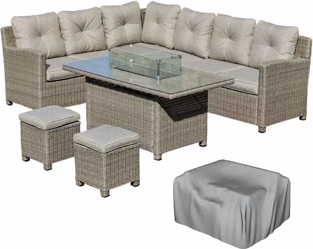 Outsunny 8-Seater L-Shape Outdoor Rattan Sofa Set with Fire Pit Table, Ottoman and Grey Olefin Cushions