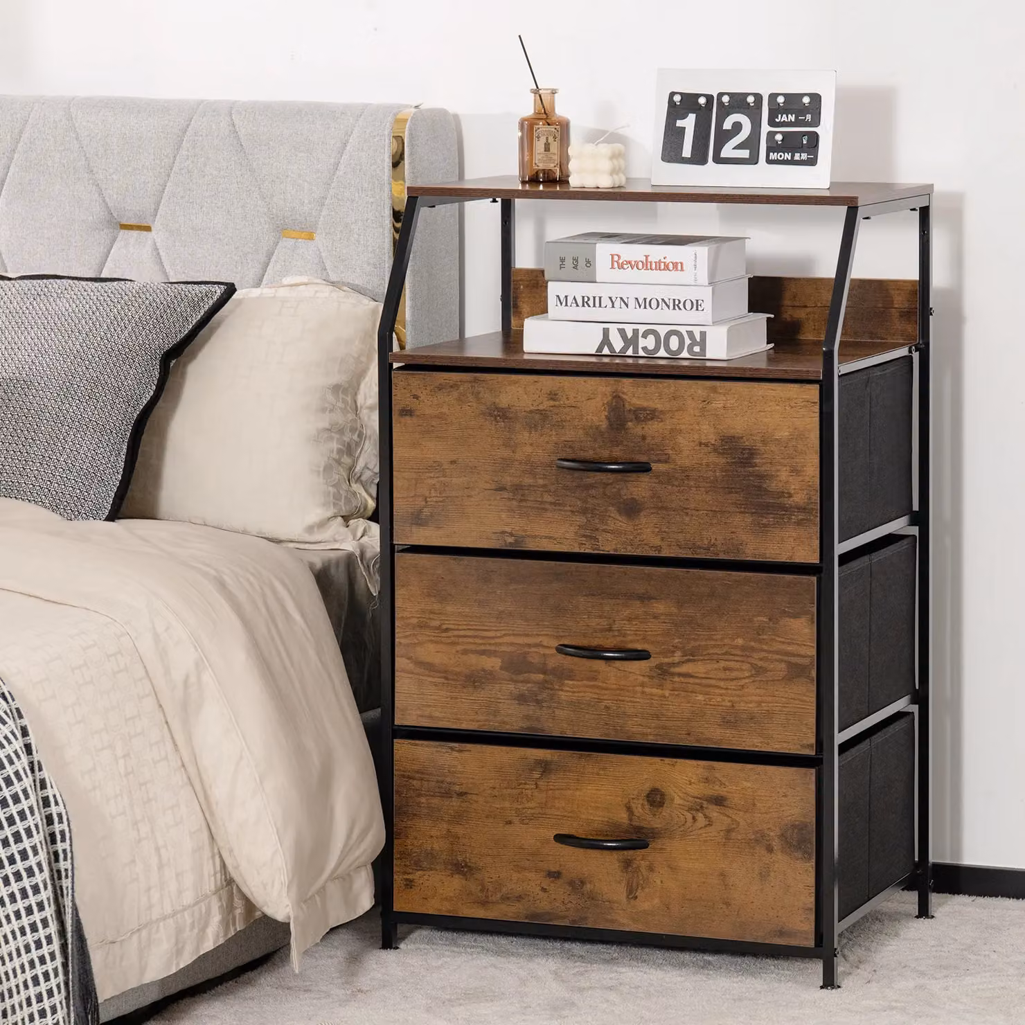 Costway 3 Drawer Dresser with Top Shelf, Brown Industrial Foldable Drawer Chest Cabinet – 3