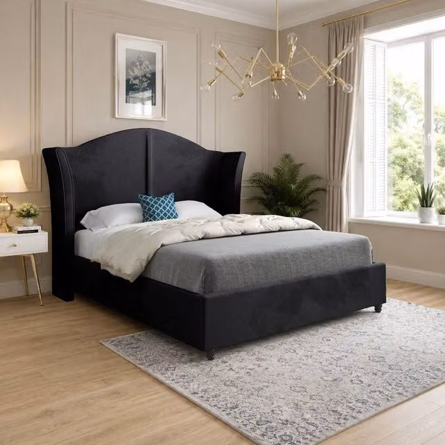 Casani Tirley Small Single Curved Winged Upholstered Designer Bed Frame in Black Soft Velvet – 1
