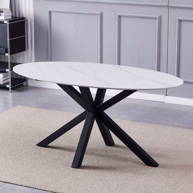 Firmo Modern Oval Ceramic Dining Table in White with X-Frame Base, W: 160 cm, D: 90 cm, H: 75 cm