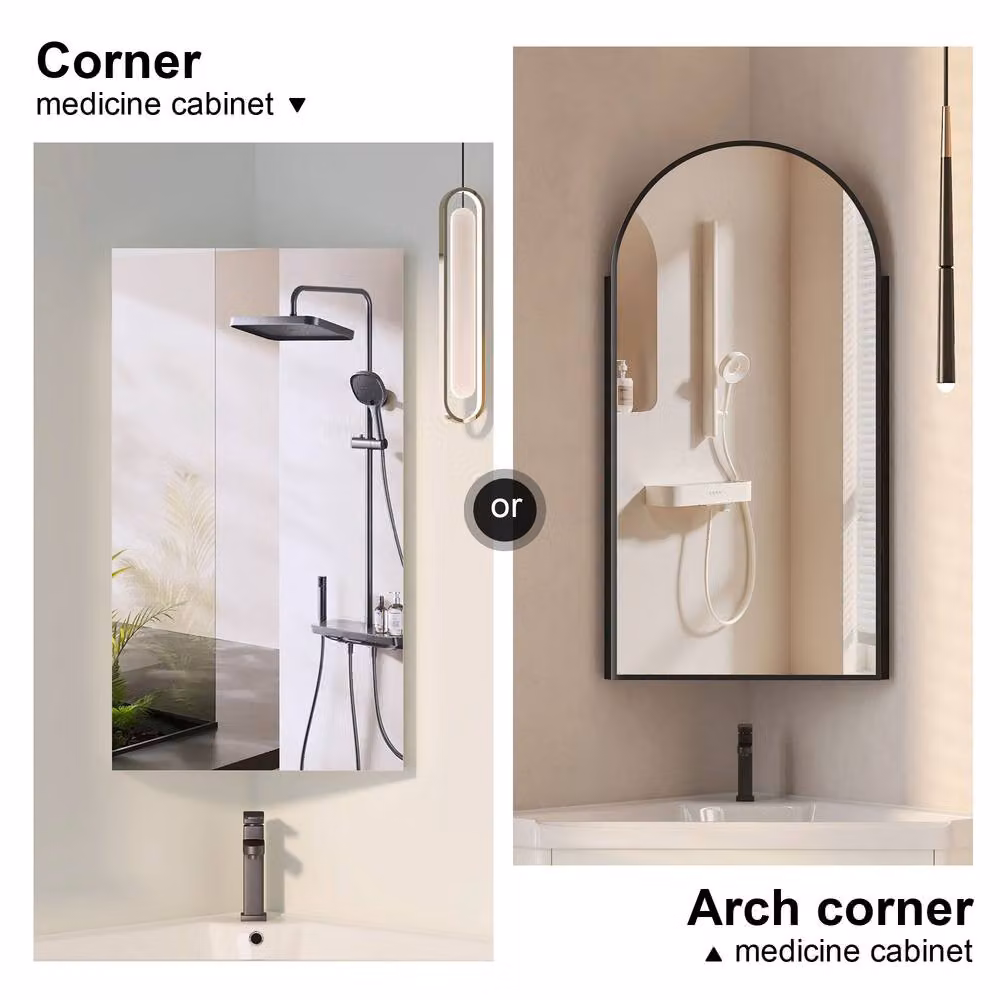 KEEPREAPER Black Arched Corner Bathroom Mirror Cabinet with Hinged Glass Doors, W: 40 cm, H: 80 cm – 4