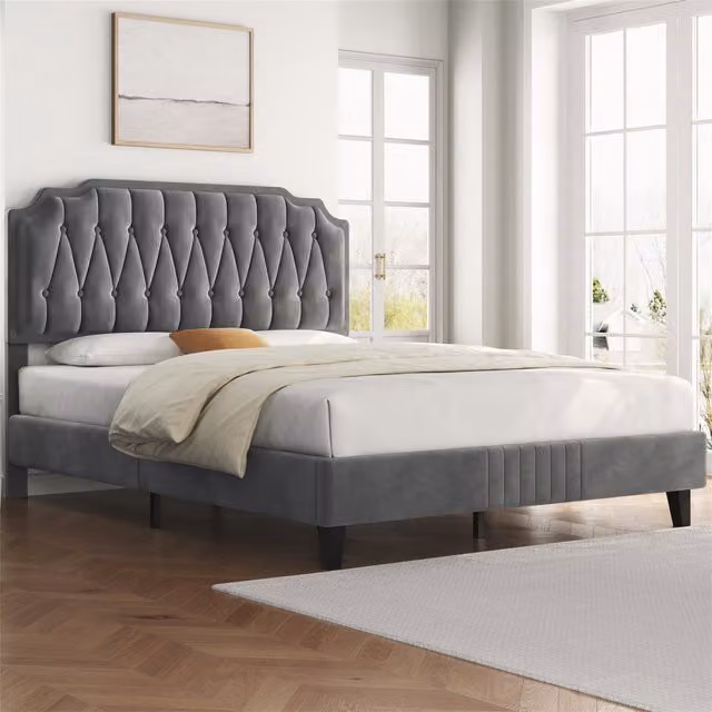 Yaheetech Art Deco Velvet Upholstered Bed Frame in Grey, W/D/H: 140 x 200 cm