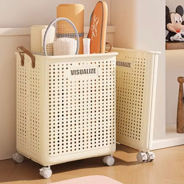 Livingandhome Collapsible Laundry Basket with Wheels in Beige and White, W: 50 cm, D: 31 cm