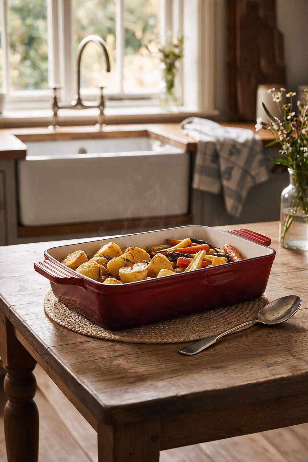 ExtraStar Enamelled Cast Iron Rectangular Casserole Dish with Lid and Dual Handles, Red – 2