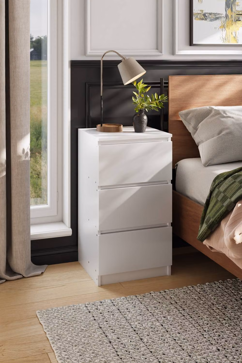 Garden Sanctuary Minimalist Wooden Nightstand with 3 Drawers in White – 2