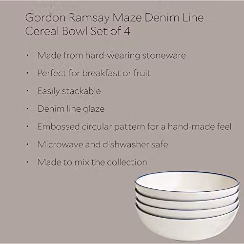 Royal Doulton Gordon Ramsay Maze Denim Line Stoneware Cereal Bowls, Set of 4, Blue and White, Diameter: 18 cm – 2