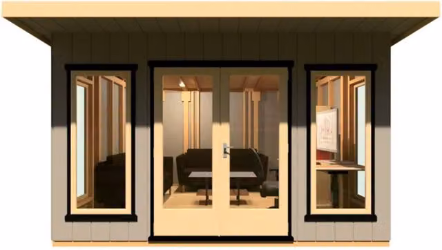 Shires Cali Pent 1 Garden Office in Grey, W: 402 cm, D: 456 cm, H: 246.1 cm