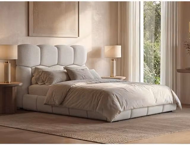 Solace+Co Modern Upholstered Bed in Beige and White, W: 140 cm, L: 200 cm