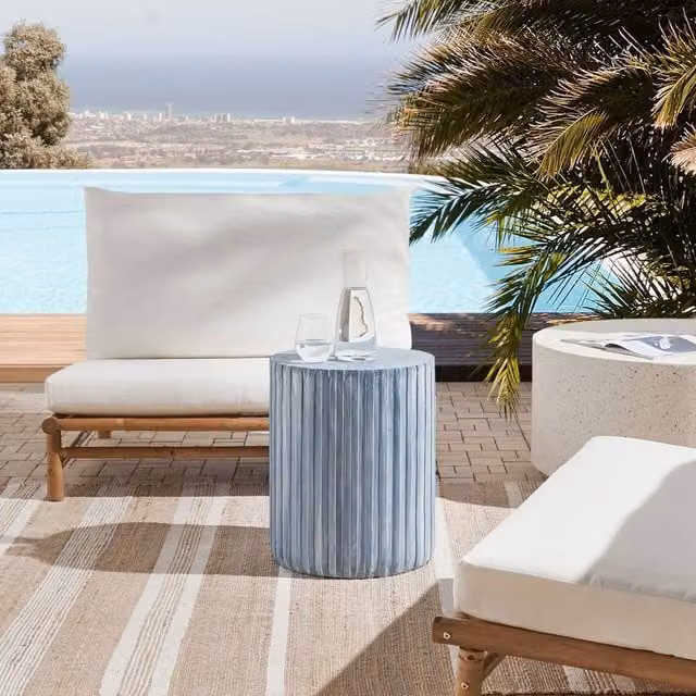 Wyld and Coco Round Drum Side Table in Grey Composite, Diameter: 39 cm