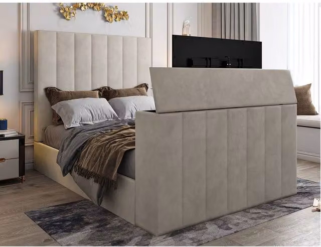 KDMD Vogue Upholstered Soft Velvet Line Pebble TV Bespoke Bed Frame in Light Sand, Size: Super King, W/D/H: 200 x 152 x 189 cm – 1