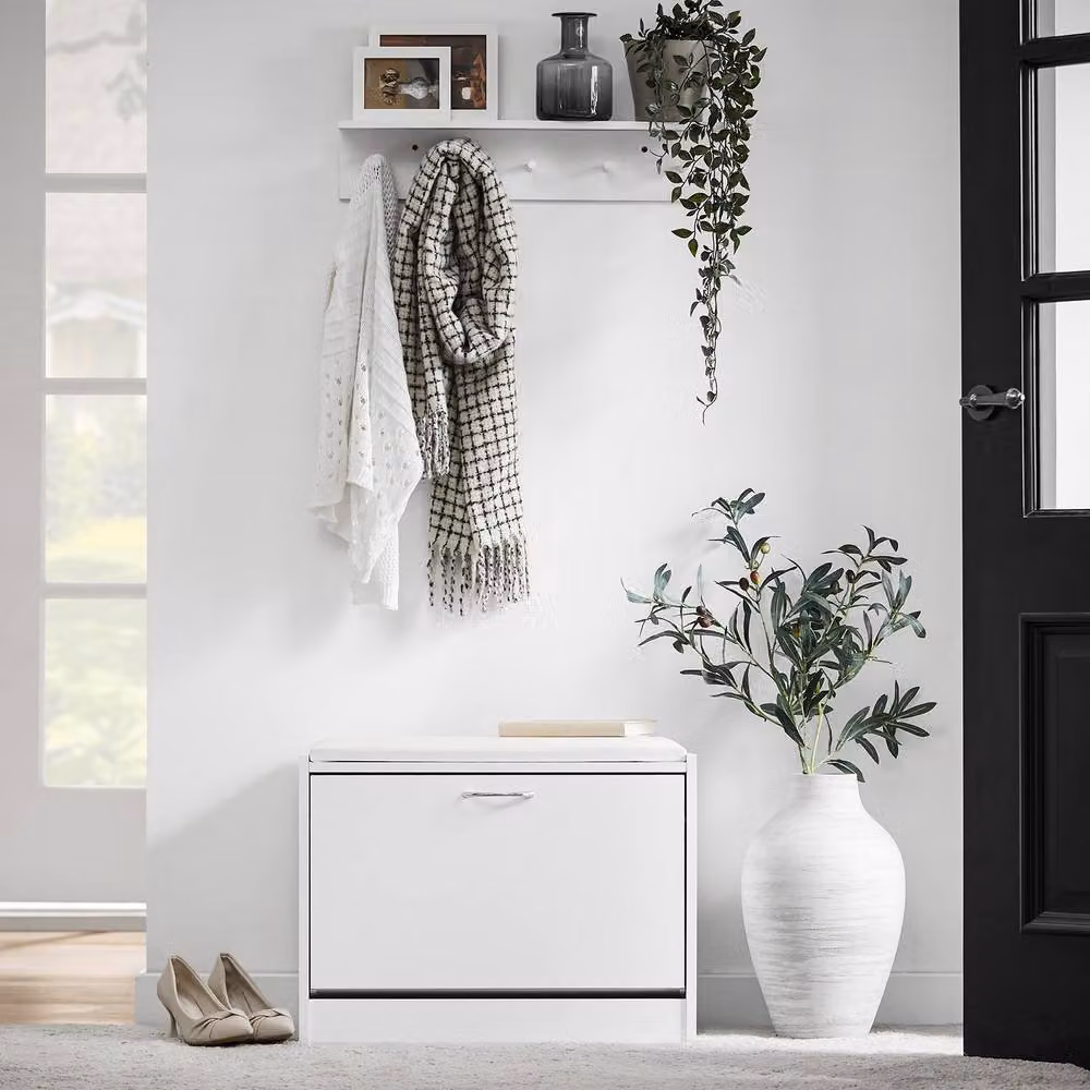 SoBuy Shoe Storage Bench in White with Fabric Seat Cushion and Flip Drawer – 2