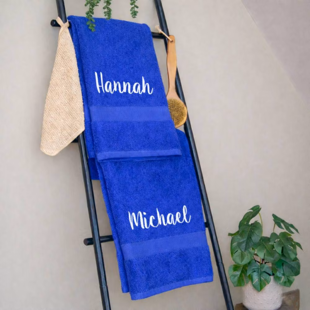 Duncan Stewart Personalised Blue Cotton Terry Bath Towel Set for Couples – 2