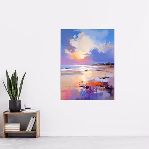 Artery8 Beach Sunrise Abstract Oil Painting Poster Print in Orange, Purple and Blue – 4