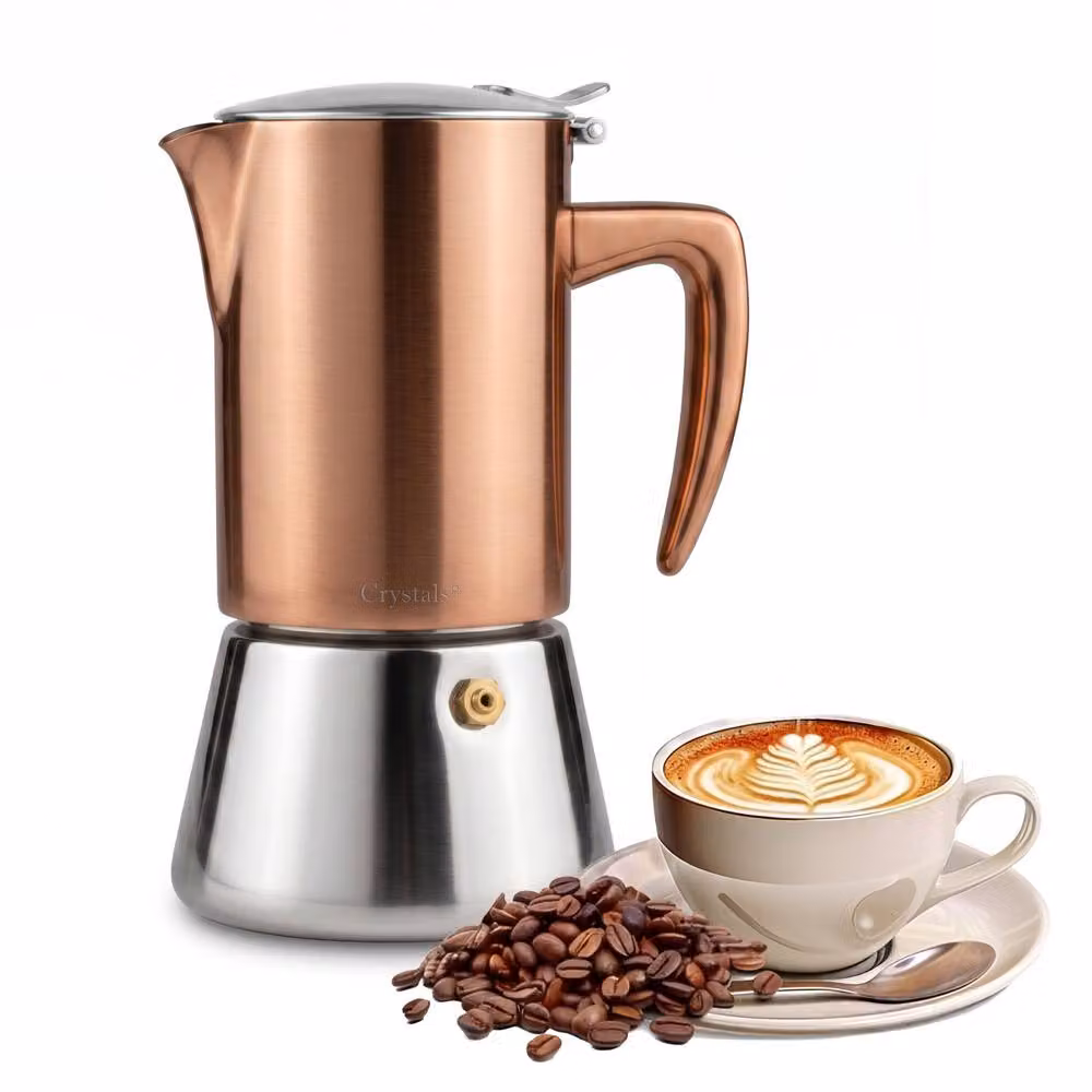 Crystals 4 Cup Stainless Steel Espresso Maker Stovetop Coffee Moka Pot in Copper/Bronze, 200ml – 2