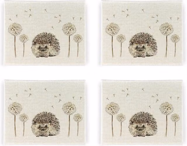 Purely Home Hedgehogs & Dandelions Floral Linen Placemats, Set of 4, White