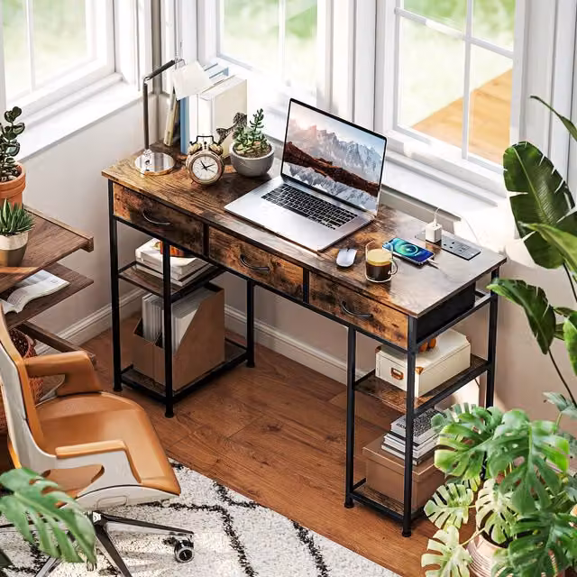 HOMCOM Brown Computer Writing Desk with Power Outlets, Drawers and Shelves