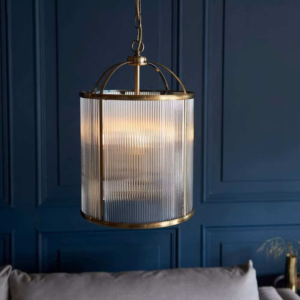 Netlighting Lambeth 4 Light Ribbed Glass Ceiling Pendant in Antique Brass and Transparent Glass – 2