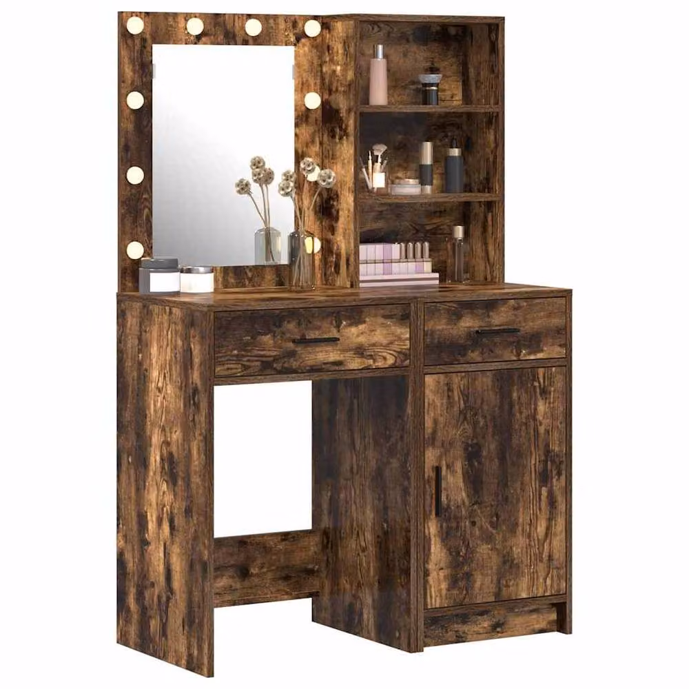 Berkfield Home 2 Piece Modern Hollywood LED Dressing Table Set in Brown Smoked Oak – 3