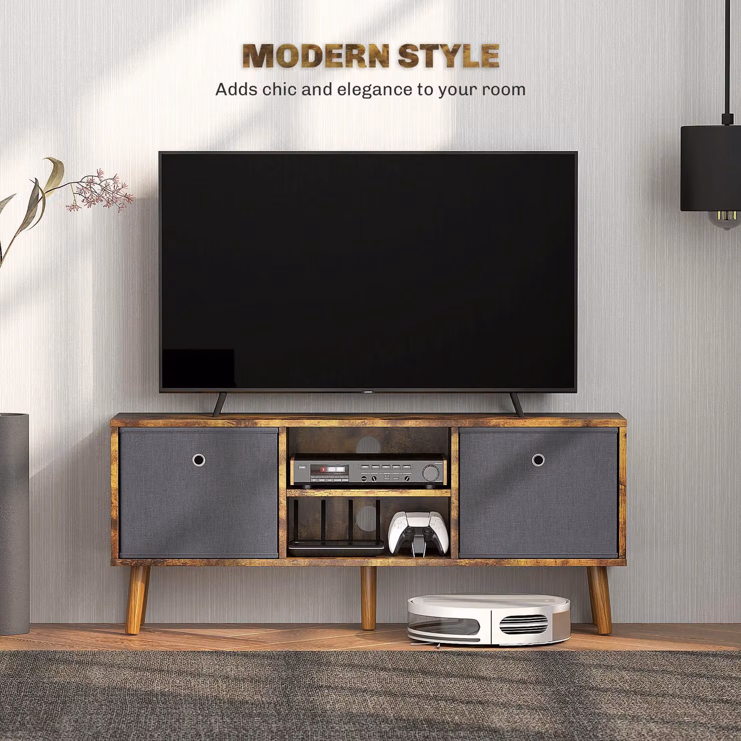 HOMCOM Modern TV Cabinet Stand with Shelves and Drawers in Brown – 4