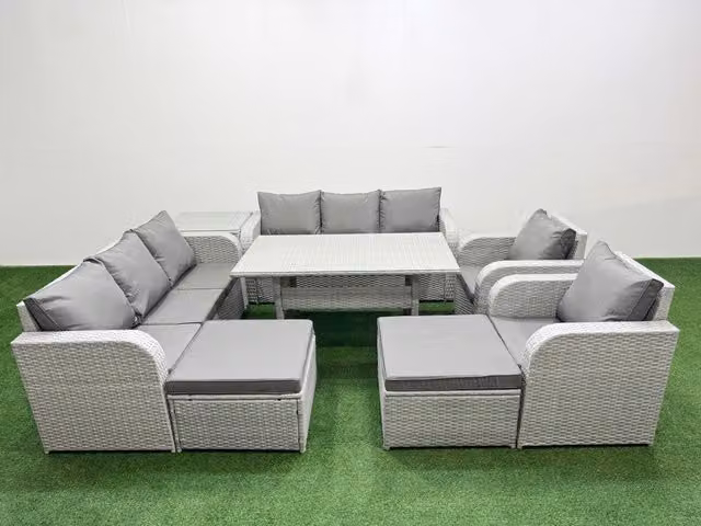 Fimous Grey PE Rattan High Back Lounge Sofa Set with 3 Seater Sofa, Reclining Chair, 2 Footstools, Rectangular Dining Table and Side Table