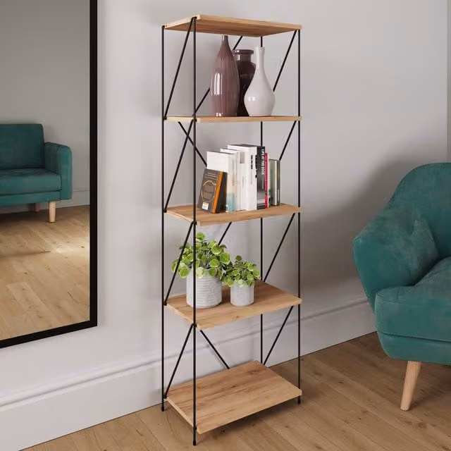 Timber Art Design Leyo 5 Tier Open Display Bookcase Storage Unit in Light Oak, W/D/H: 136.5 x 31.0 x 41.4 cm – 1