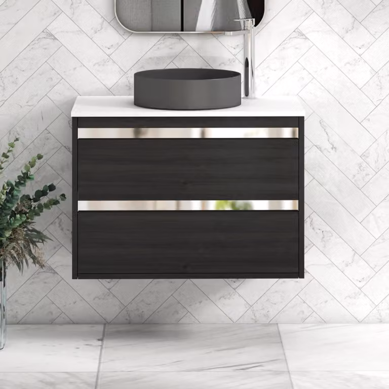 Royal Bathrooms Orion 800mm Hale Black Wall Hung Vanity Unit with 2 Drawers and White Art Round Basin with Chrome Accent Trim